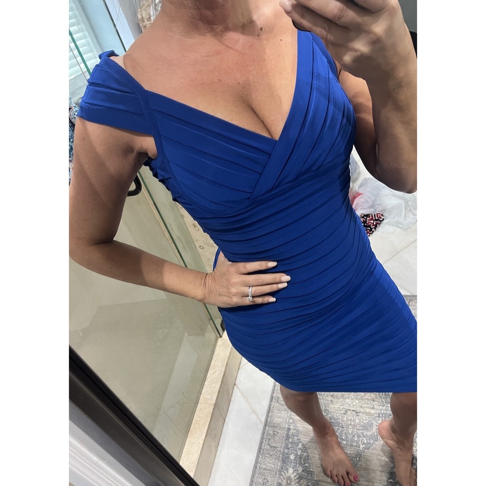 Cache Blue Thick Stretch Bandage Dress 2 Cap Sleeve Bodycon Cocktail V-Neck - Picture 10 of 12